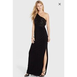 Lauren Ralph Lauren Sz 10P One-Shoulder Sequin Bodice Jersey Gown Evening Black